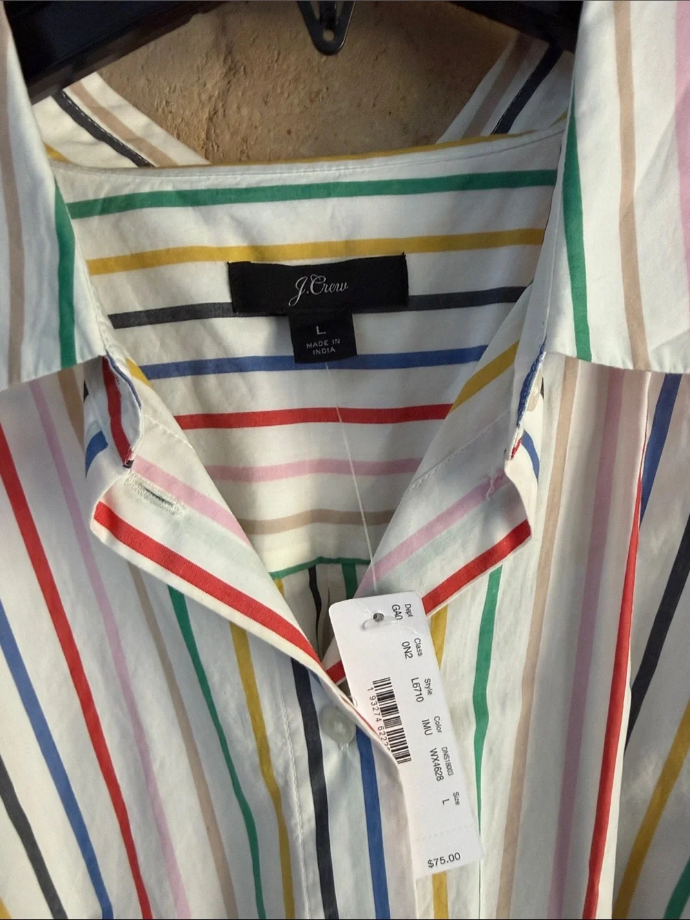 J Crew Button-front tie-waist top in rainbow mini stripe cotton poplin size L